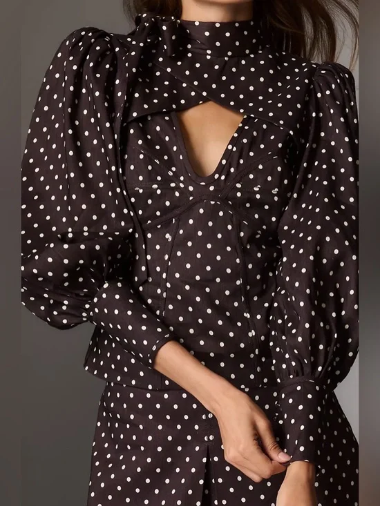 New Anthropologie Lovaan Danielle Linen Blend Polka Dot Long-Sleeve Blouse - Picture 3 of 10